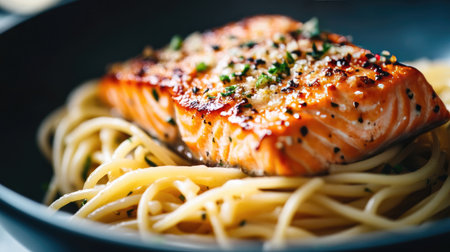 Culinary perfection: A close-up view of a mouthwatering bowl of pasta, crowned with a seasoned salmon fillet.の素材