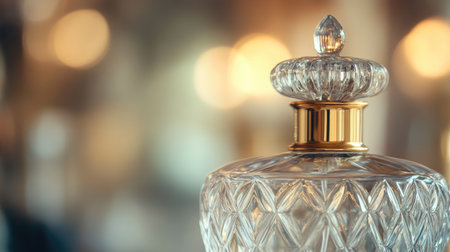 Antique perfume bottle: A detailed shot of a vintage glass perfume atomizer with a gold-topped sprayerの素材