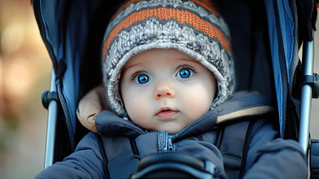 Baby in a stroller: A baby bundled up in a stroller, looking around with wide eyes during a walk in the parkの素材