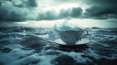 Chaos contained: A teacup on a calm sea with a fierce storm brewing insideの素材