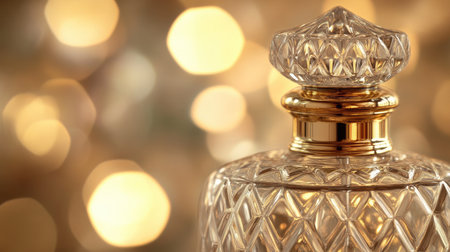 Antique perfume bottle: A detailed shot of a vintage glass perfume atomizer with a gold-topped sprayerの素材