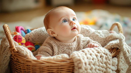 Baby in a basket: A cute baby sitting in a wicker basket surrounded by soft blankets and toys, looking up with wonderの素材