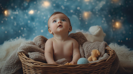 Baby in a basket: A cute baby sitting in a wicker basket surrounded by soft blankets and toys, looking up with wonderの素材