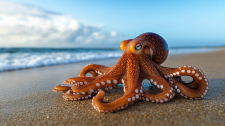 Coastal creature: A vivid shot of an octopus on the beach, blending the raw beauty of marine lifeの素材