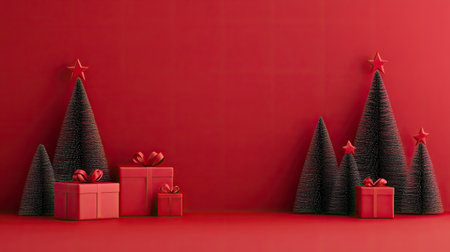Festive simplicity: A red Christmas-themed background with minimalist pine trees and gift boxesの素材