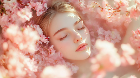 Floral dream: A soft, dreamy portrait of a woman surrounded by pink flowers, capturing beauty and serenityの素材