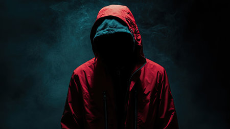 Enigmatic presence: A shadowy figure in a red jacket, face obscured, standing in a dimly lit environmentの素材