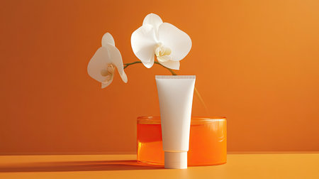 Cream and orchid beauty: A minimalist scene featuring a white tube of hand cream with a white orchid flower floatingの素材