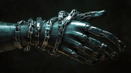 Digital chains: A digital hand wrapped in metallic chains, symbolizing the struggle for information security and freedom in the digital ageの素材