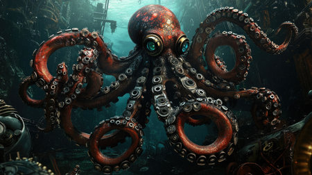 Futuristic marine: A deep-sea octopus with steampunk elements, including gears and metal tentacles, in a darkの素材