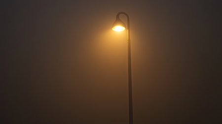 Foggy illumination: A solitary street light in the foggy night, its light barely piercing through the dense mistの素材