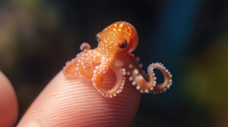 Marine marvel: A tiny octopus sitting on a finger, offering a close-up view of the wonders of the ocean's small inhabitantsの素材