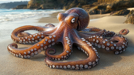 Marine marvel: A close-up of an octopus sprawled across a sandy beach, showcasing its intricate tentaclesの素材