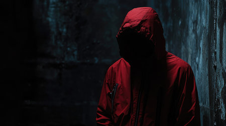Enigmatic presence: A shadowy figure in a red jacket, face obscured, standing in a dimly lit environmentの素材