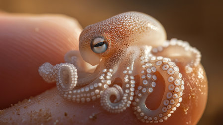 Finger-sized octopus: A delicate octopus resting on a finger, a close-up shot that reveals the intricacy of marine lifeの素材