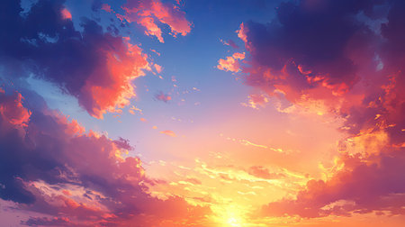 Idyllic morning sunrise: A stunning sunrise sky with vibrant orange and pink clouds, casting a warm glow across the horizonの素材