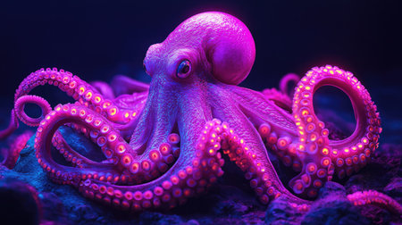 Neon ocean: A surreal image of a pink octopus with neon-lit tentacles, set against a dark, mysterious backgroundの素材