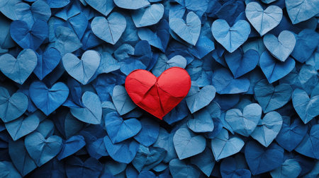 Heart standout: A red paper heart surrounded by an array of blue paper heartsの素材