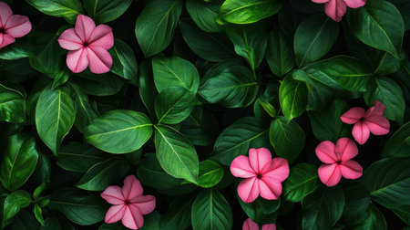 Nature's palette: A beautiful floral background featuring pink flowers and lush green leaves, creating a serene and natural sceneの素材