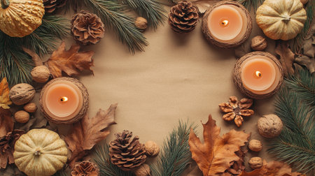 A craft paper background adorned with autumn-themed items like candles, walnuts, and pine cones, arranged in a flat layの素材