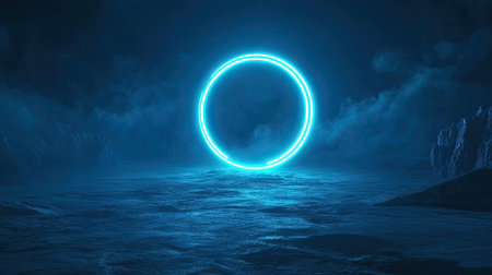 A glowing neon light circle frame floating in the dark blue night sky, creating a futuristic and mystical atmosphereの素材