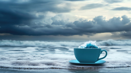 A tranquil sea setting with a teacup containing a miniature storm, illustrating the balance between serenity and chaosの素材