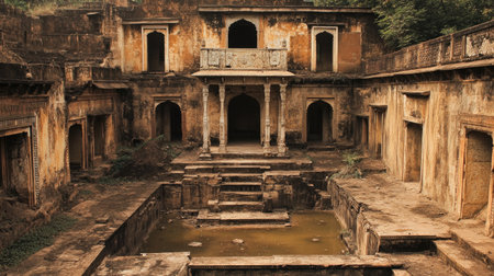 Empty Indian Heritage Site: An ancient heritage site in India, with crumbling ruins and no visitors, evoking a sense of timelessnessの素材