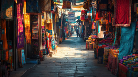 Empty Indian Bazaar at Dawn: The colorful stalls of a traditional Indian bazaar, filled with vibrant goodsの素材