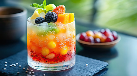 A vibrant Korean Subak Hwachae cocktail with assorted fruits and tapioca pearls, served in a glass and bowl, with room for copy spaceの素材