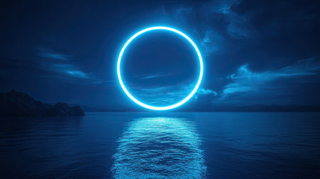 A bright neon circle frame set against the deep blue night sky, glowing with intense light, creating a stunning contrastの素材