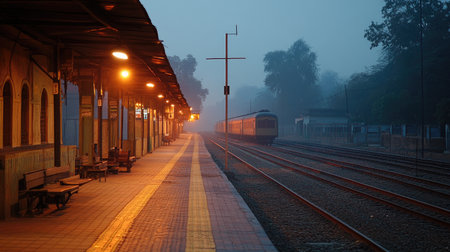 Lonely Indian Railway Station at Dawn: A small railway station in India, with empty platforms and silent trainsの素材