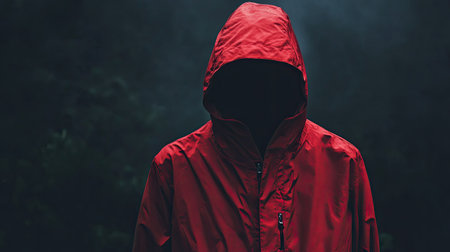 Red mystery: A person wearing a red jacket with their identity hidden, evoking curiosity and a sense of enigmaの素材