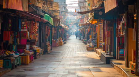 Empty Jaipur Market: An early morning shot of Jaipura vibrant market streets, with colorful stalls and shops closedの素材