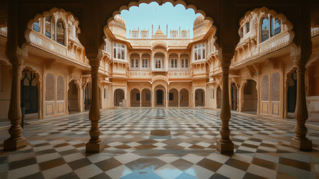 Lonely Rajasthani Palace: A grand palace in Rajasthan, with empty courtyards and halls, exuding a sense of regal solitudeの素材