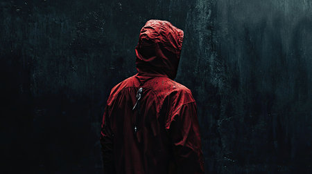 The unseen: A person in a red jacket, identity hidden, set against a dark, moody background, enhancing the sense of mysteryの素材