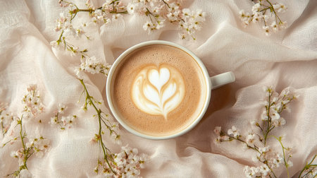 A creamy cup of coffee with intricate latte art, encircled by delicate flowers on a light, airy fabric backgroundの素材