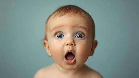 Surprised baby: A baby with a surprised expression, eyes wide and mouth open, reacting to something new and excitingの素材