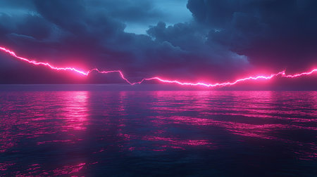 A surreal seascape where neon lightning strikes illuminate the horizon, with glowing lines creating a futuristicの素材