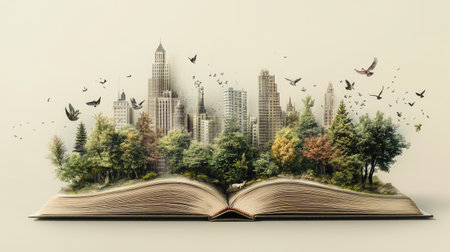 Whimsical world emerging from a book: Trees, buildings, and birds burst forth from the pages of an open bookの素材