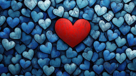 Uniqueness in simplicity: A red heart prominently displayed amidst a pattern of blue hearts,の素材