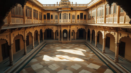 Lonely Rajasthani Palace: A grand palace in Rajasthan, with empty courtyards and halls, exuding a sense of regal solitudeの素材