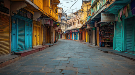 Empty Jaipur Market: An early morning shot of Jaipura vibrant market streets, with colorful stalls and shops closedの素材
