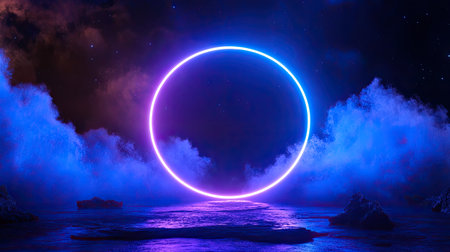 A bright neon circle frame set against the deep blue night sky, glowing with intense light, creating a stunning contrastの素材