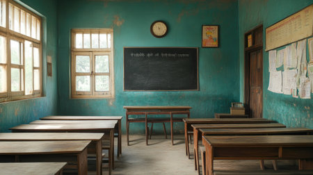 Empty Indian Classroom: A quiet classroom in a rural Indian school, with wooden desks, chalkboard, and no students presentの素材