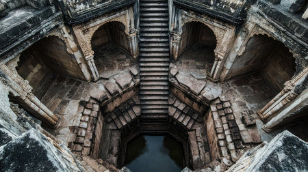 Silent Stepwell: An ancient stepwell in Gujarat, with its symmetrical stairs and deep well, quiet and devoid of any visitorsの素材
