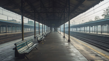Empty Indian Railway Station Platform: An empty platform at a large railway station in India, with long rows of benchesの素材