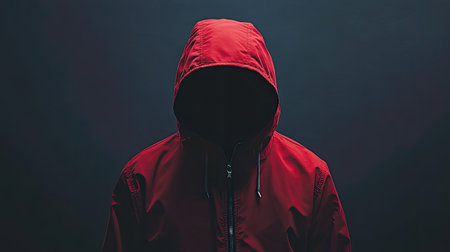 Unknown identity: A mysterious figure in a red jacket, their face concealed, standing alone in a shadowy settingの素材