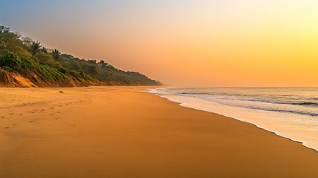 Deserted Indian Beach at Sunset: A pristine beach in India, with golden sands and an empty shorelineの素材