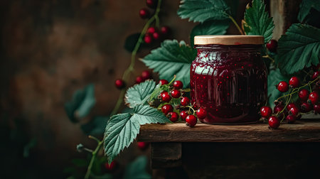A jar of red berry jam, surrounded by green leaves and smeared berries on a wooden shelf, offering a cozy scene with copy spaceの素材