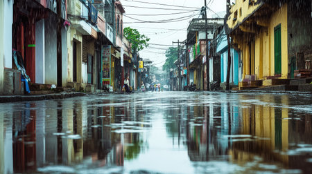 Empty Indian Monsoon Street: A deserted street in India during the monsoonの素材